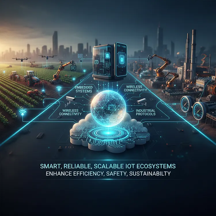 Futuristic digital montage of an IoT ecosystem connecting smart farming, industrial robotics, and secure facilities.