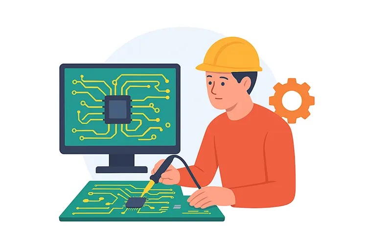 Engineer soldering components on a PCB while a computer display shows the circuit design.