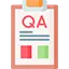 Icon of a clipboard with a document labeled QA (Quality Assurance) in red, featuring two colored squares, one red (fail) and one green (pass).