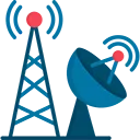 Stylized, abstract telecom icon in deep blue. It features a silhouetted transmission tower and a curved structure with a bright red disc, likely representing a satellite dish or signal transmission.