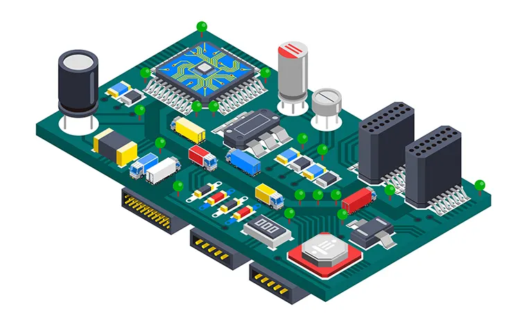 High-performance analog and digital circuit design illustration showing components used in power, sensing, and communication applications.
