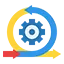 Icon representing agile development and quality assurance with a rotating arrow around a gear.