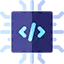 Icon representing complete embedded stack coverage, showing code on a microchip.